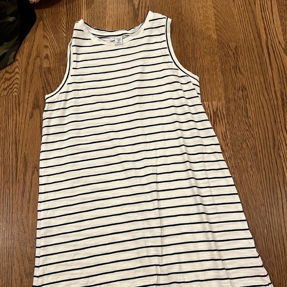 White dress with navy stripes